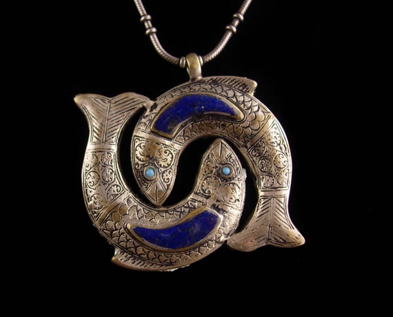 Vintage  large Lapis fish necklace - Turkish Neck… - image 1