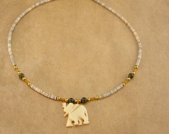 primitive Elephant necklace - hand beaded puka jade - talisman tribal  necklace - Good luck gift  ELEPHANT - surfer gift  Circus animal