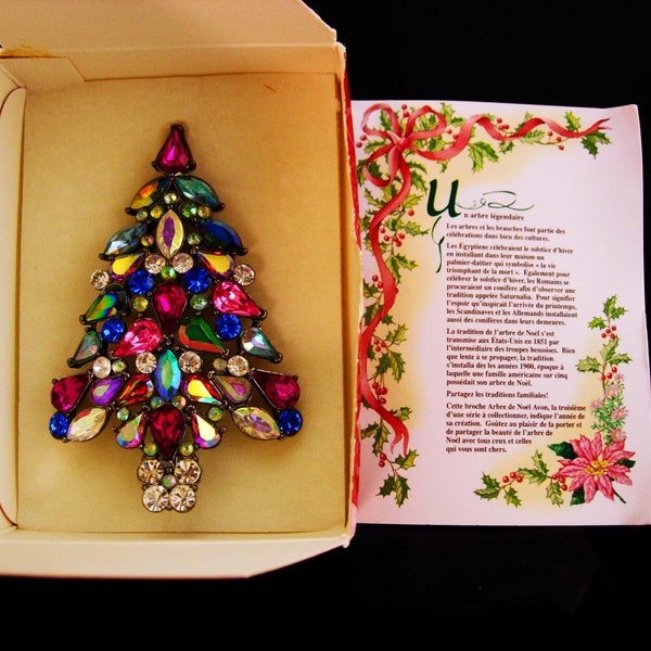 Broche de árbol de Navidad firmado vintage - Caja original - pin multicolor