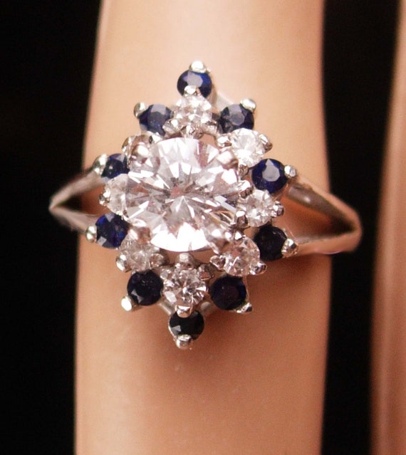 14kt White gold Ring Sapphires Diamonique Size 5 1