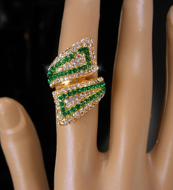 Fairy Wings Ring Green pave rhinestone Signed mys… - image 4