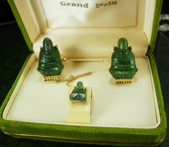 Vintage Buddha Cufflinks ORIGINAL Box Tie tack Ch… - image 2