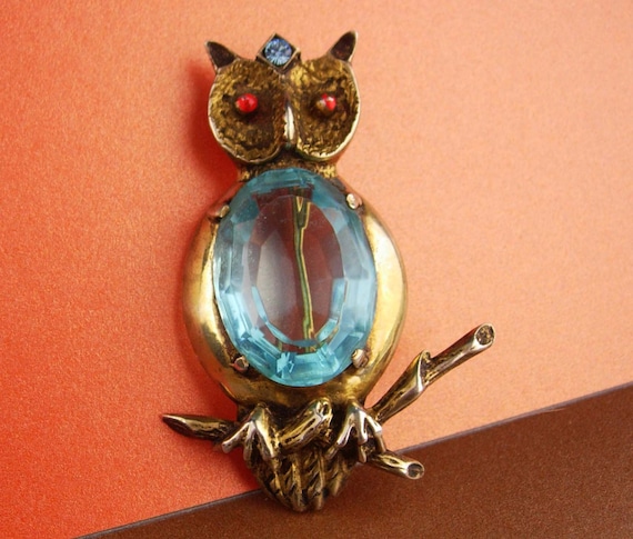 huge sterling pin - blue Jelly belly Owl Brooch -… - image 3