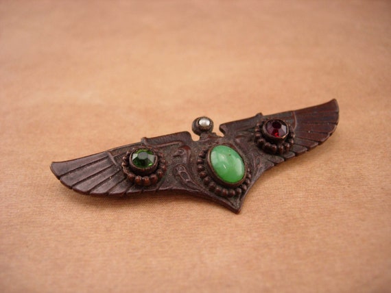 Antique Deco Winged Brooch - jeweled phoenix Egyp… - image 2