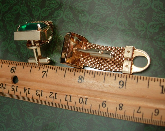Vintage Modernist Cuff Links Mad Men Kitsch Mens Retro Gift Green Faceted Glass Mid-Century