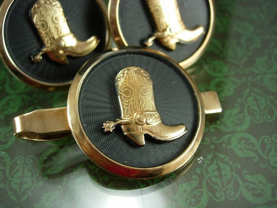 LARGE Western Cuff links Tie clip Cowboy Boot Vin… - image 3