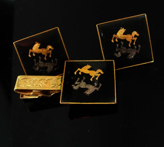 Japanese Horse Cuff links Vintage Shakudo gold ki… - image 2