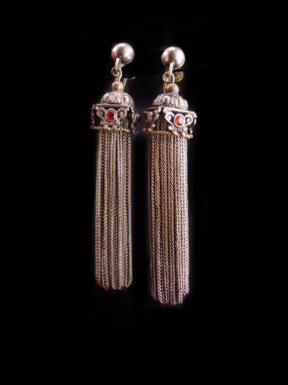 Antique 2ct garnet earrings / victorian tassel se… - image 1