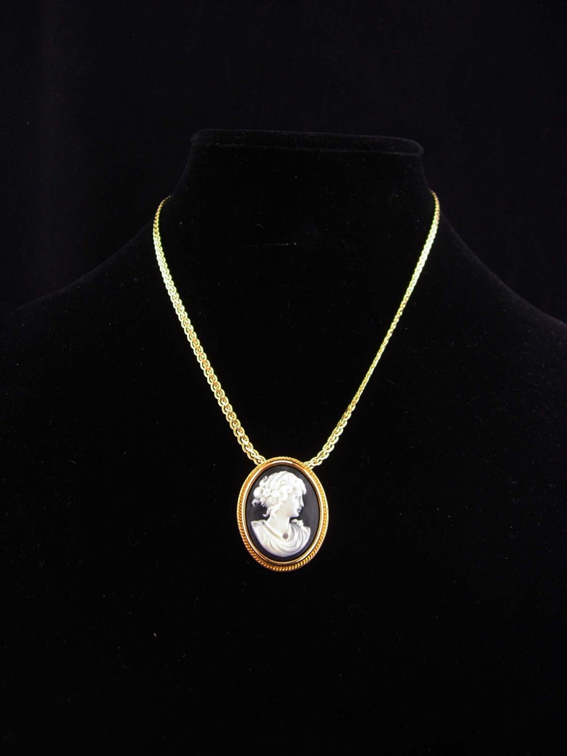 Black Cameo necklace Religious medal catholic cameo vintage brooch gold pendant necklace faux diamond gift for her anniversary