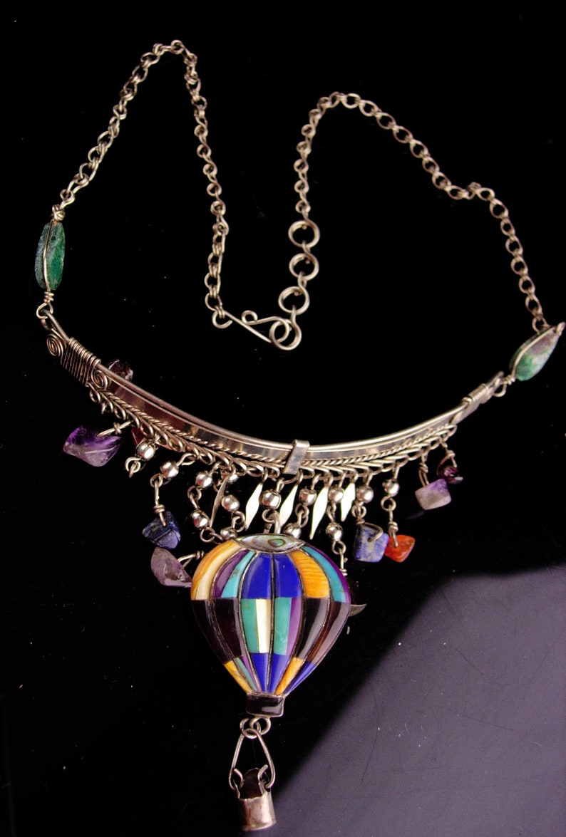 Hot Air Balloon Necklace Vintage sterling Steampunk pendant Gypsy necklace hippie jewelry fringe choker