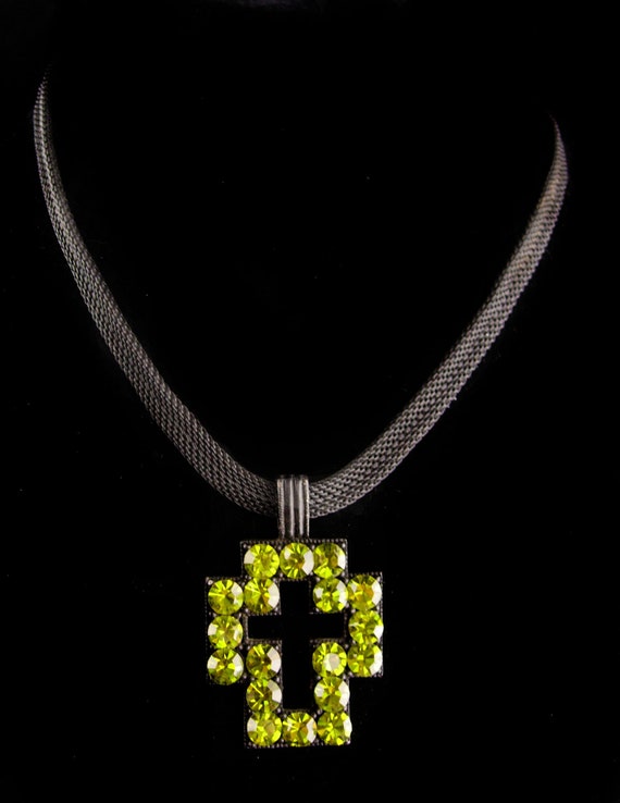 Peridot rhinestone Cross choker - black mesh gothi