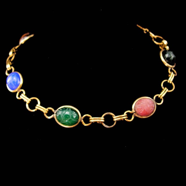 Scarab Beetle Bracelet - Genuine stones - Vintage gold filled Carved lapis chrysoprase quartz carnelian tiger eye lapis Egyptian Revival