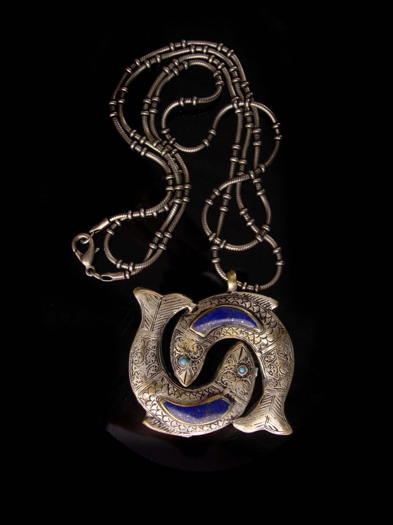Vintage  large Lapis fish necklace - Turkish Neck… - image 4