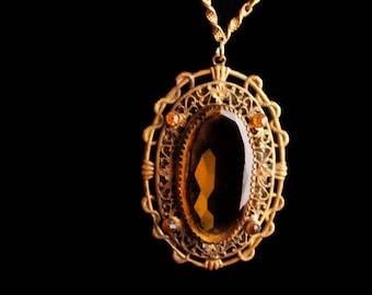 Antique Czech necklace - Victorian snake design - Vintage yellow faceted glass - filigree  pendant - gothic drop - edwardian jewelry