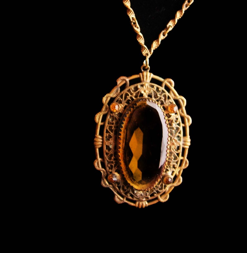 Antique Czech necklace Victorian snake design Vintage yellow faceted glass filigree pendant gothic drop edwardian jewelry image 1