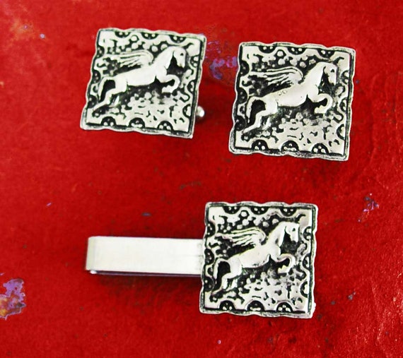Unicorn Cufflinks silver plate horse tie clip SWA… - image 3