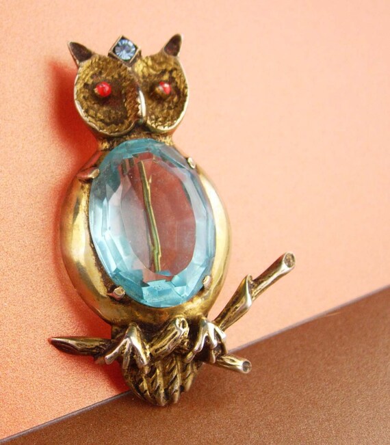 huge sterling pin - blue Jelly belly Owl Brooch -… - image 4