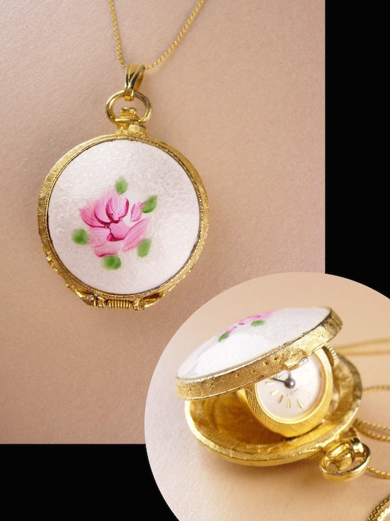 Vendome pocket watch necklace - Vintage guilloche… - image 1