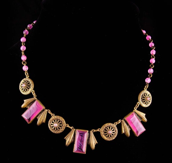 Vintage Czech Necklace -  Art deco Brass pendants… - image 1