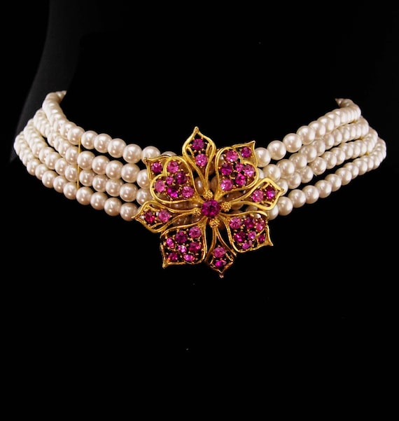 Pink Rhinestone Choker Vintage Lisner pearl Choker - signed pink rhinestone … - Gem