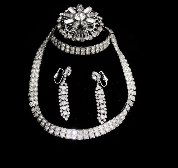 Vintage Rhinestone parure - deco silver necklace -
