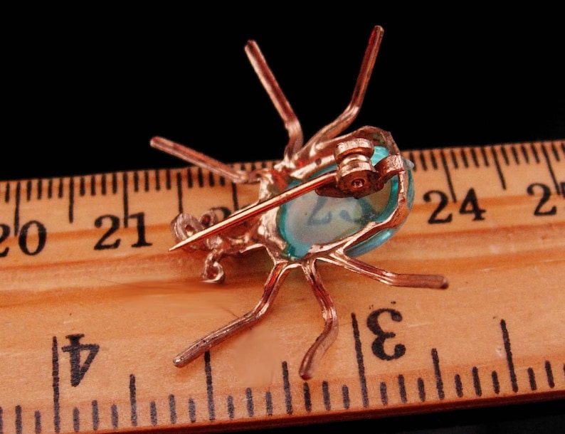 Vintage spider brooch rhinestone eyes rose gold plate insect bug figural pin gold costume jewelry aquamarine color lucite cabachon image 5