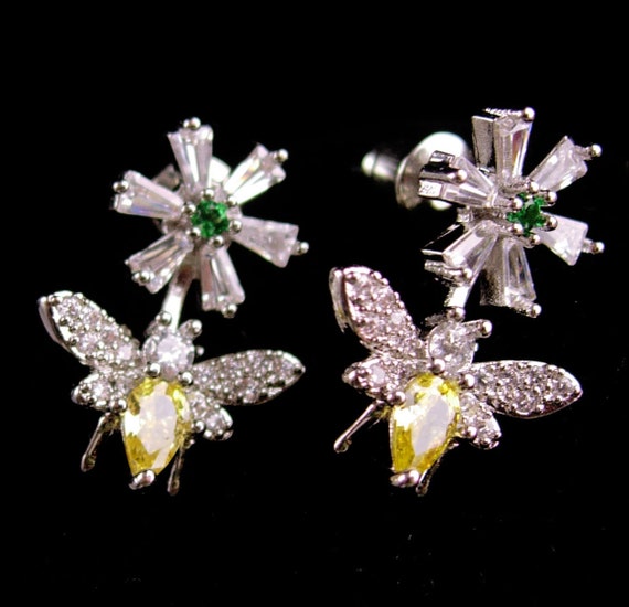 Sparkling CZ Bee earrings - pierced insect Silver… - image 1