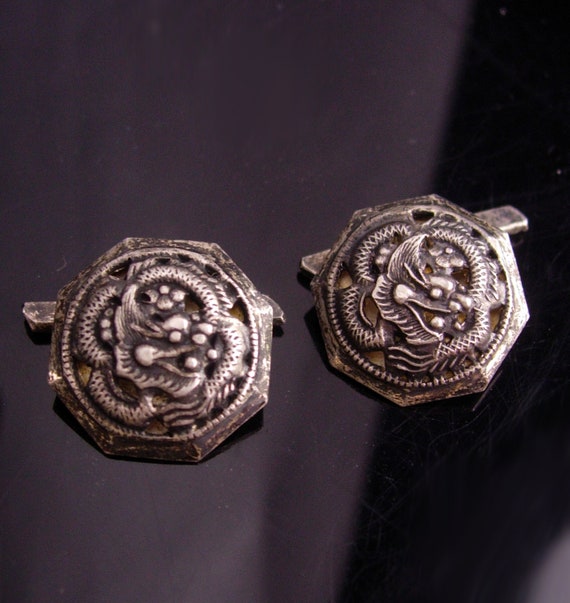 Antique Dragon Cufflinks / Vintage signed sterlin… - image 3