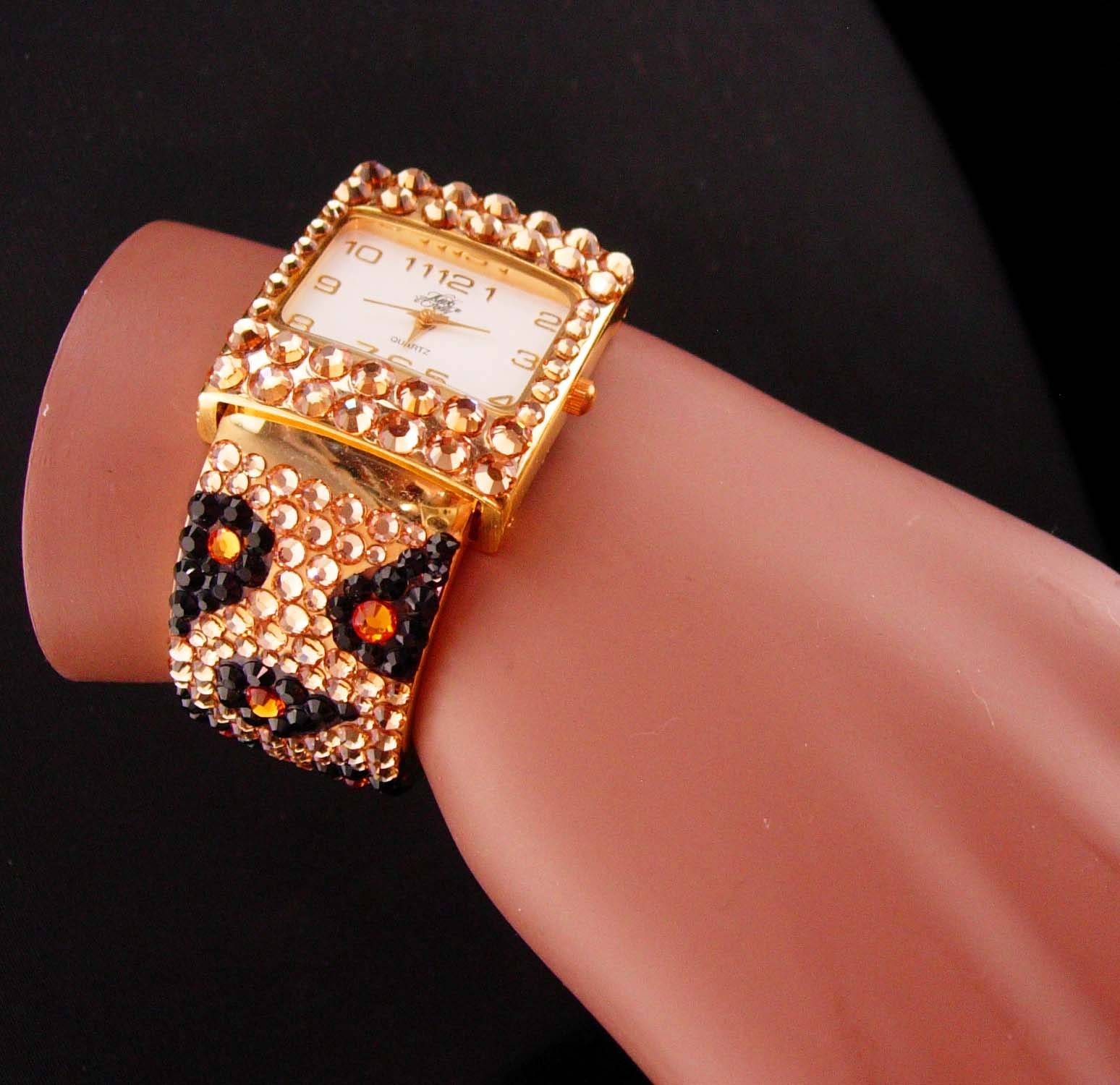Kirks Folly Crystal Watch Bangle Bracelet Gold Leopard Print Rhinestone Bin6 Two Tone Gold Animal Print Swarovski Crystal Bangle Bracelet  main image 3