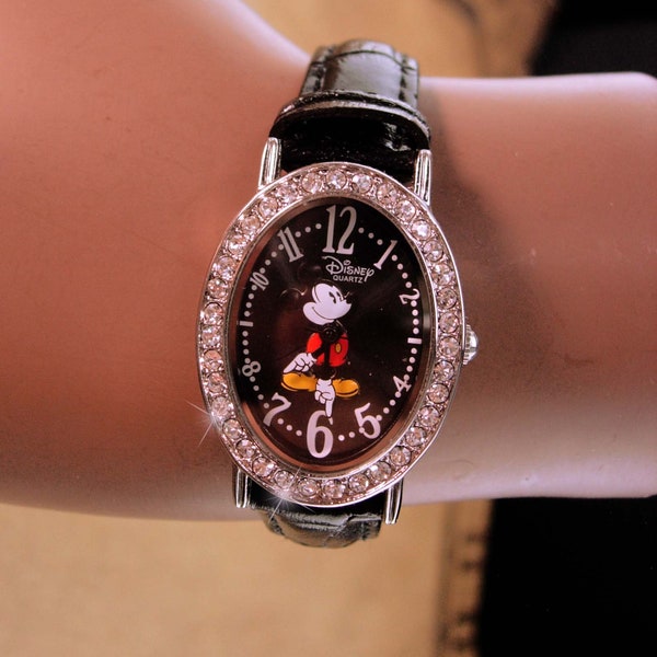 Vintage Rhinestone mickey watch - disney mouse - runs well - ladies black leather wristwatch - moveable mouse - gift for her