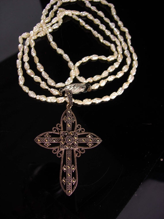Vintage Sterling Cross - genuine pearl 33" long n… - image 5
