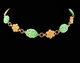 Antique carved Jade necklace - Chinese victorian choker - carved oriental choker - ornate green beads - good luck gift - peking green choker