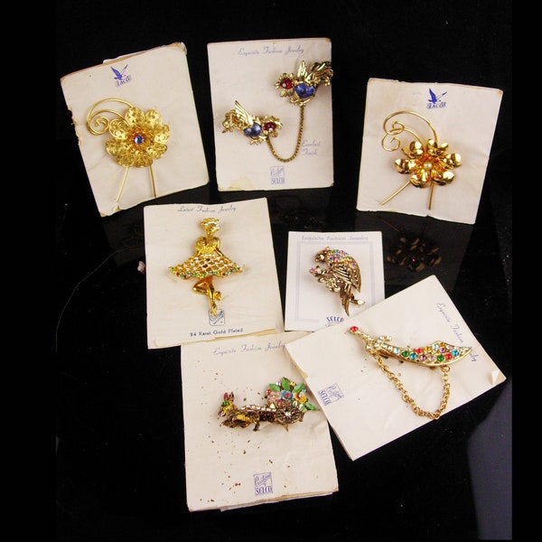 Vintage Jewelry lot - all on original cards - 4" largest pin - 24 gold plated - jelly belly birds - Parrot - ballet dancer - costume jewelry