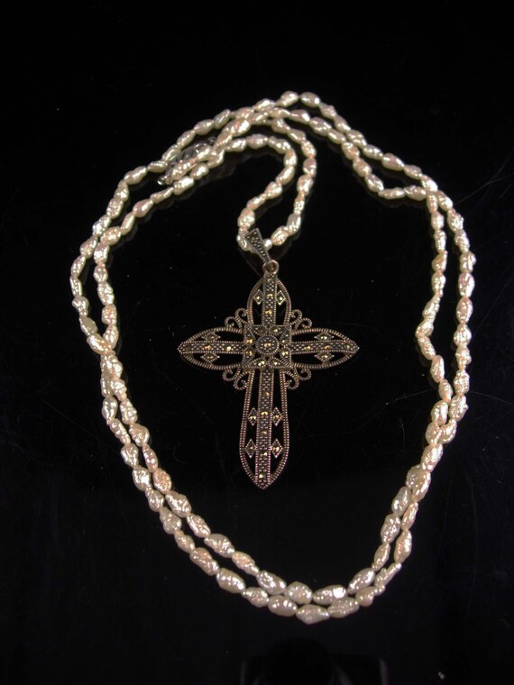 Vintage Sterling Cross - genuine pearl 33" long n… - image 3