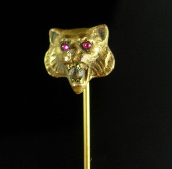 Antique Lion STICKPIN ruby Jeweled Eyes tiger pas… - image 4