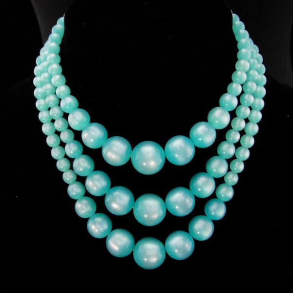 Vintage moonglow necklace / turquoise 3 strand choker - retro aqua costume jewelry