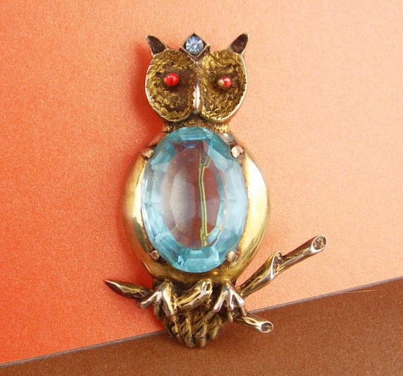 huge sterling pin - blue Jelly belly Owl Brooch -… - image 2