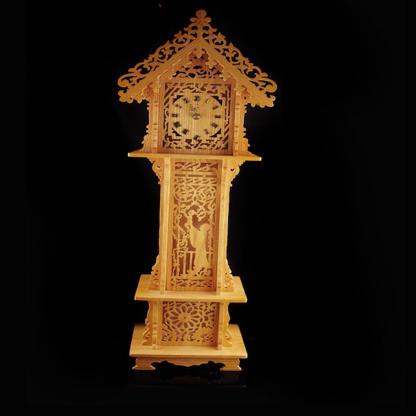 Tall fretwork Mantle Clock - small grandfather design - unusual carved wood clock - vintage asian design
