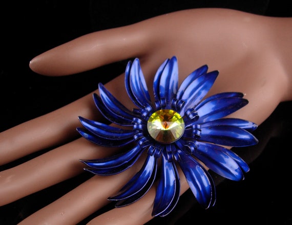 HUGE blue Brooch -  BIGGEST enamel flower pin Riv… - image 1