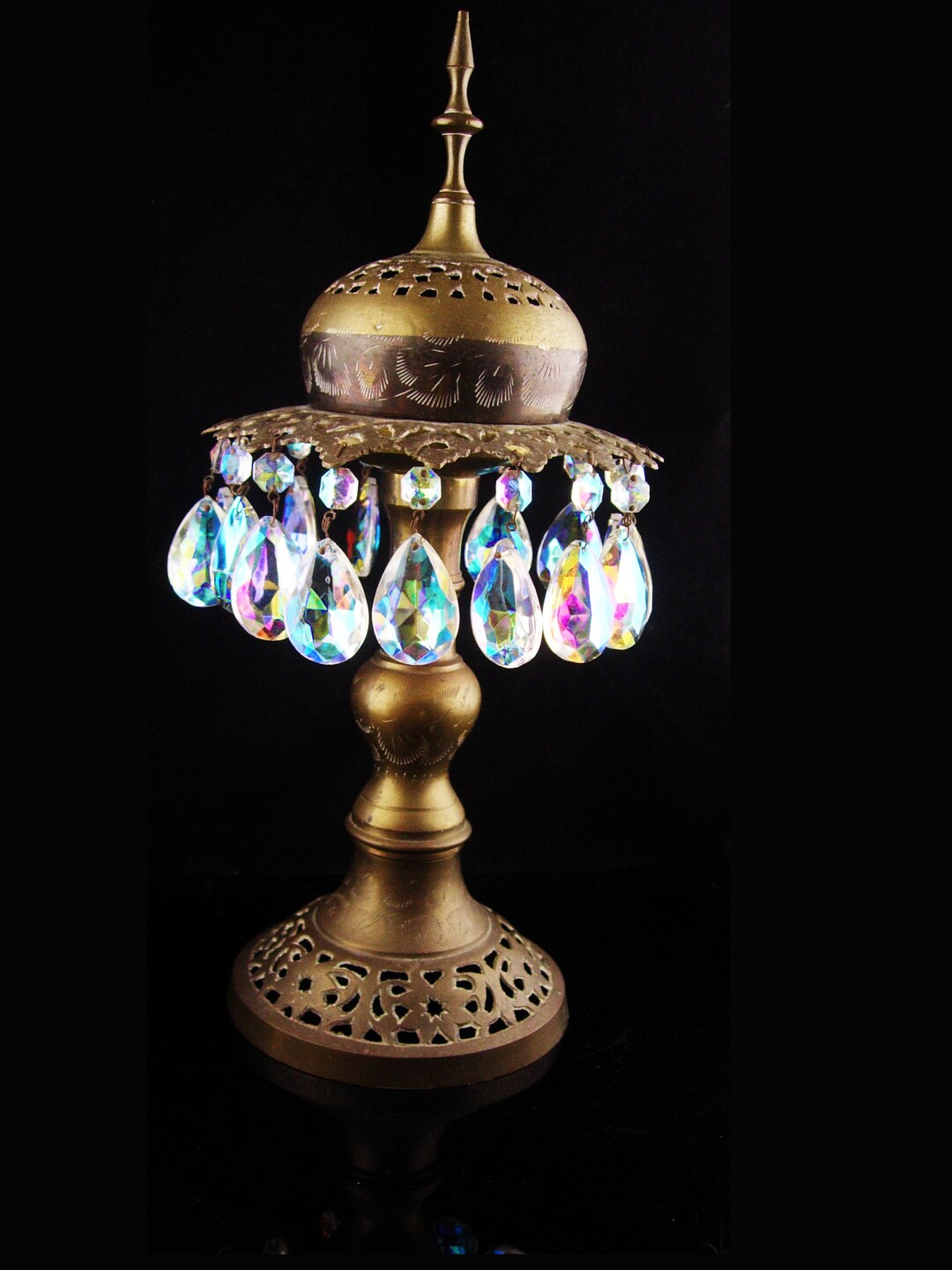 Antique Gyspy Incense Burner Aurora Borealis Prism Bohemian Metal