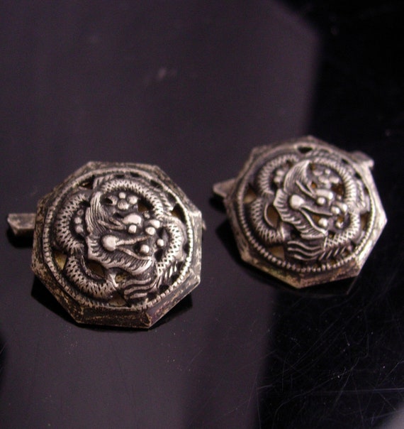 Antique Dragon Cufflinks / Vintage signed sterlin… - image 2