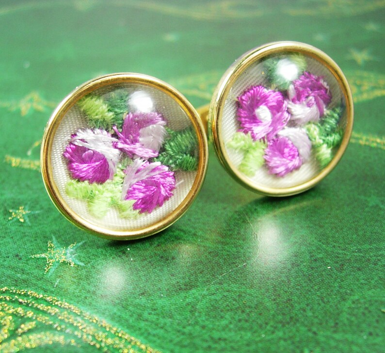 Gorgeous PINK Flower under glass Cufflinks embroidery wedding cuff links florist gift mans womens petit point gold cuff links