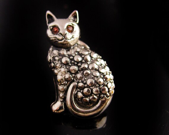 silver marcasite cat Tie tack / Halloween cat / V… - image 1