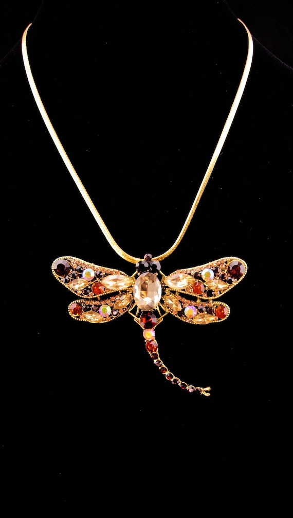 Large dragonfly necklace - big rhinestone brooch -