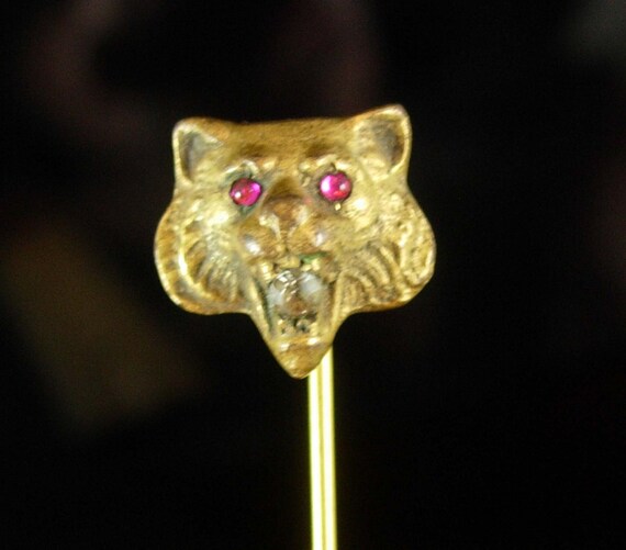 Antique Lion STICKPIN ruby Jeweled Eyes tiger pas… - image 3