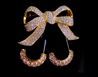 KJL Vintage  earrings - Pave brilliant rhinestone Bow Brooch - Designer hoop pierced - Couture jewelry - kenneth Jay Lane - wedding earrings
