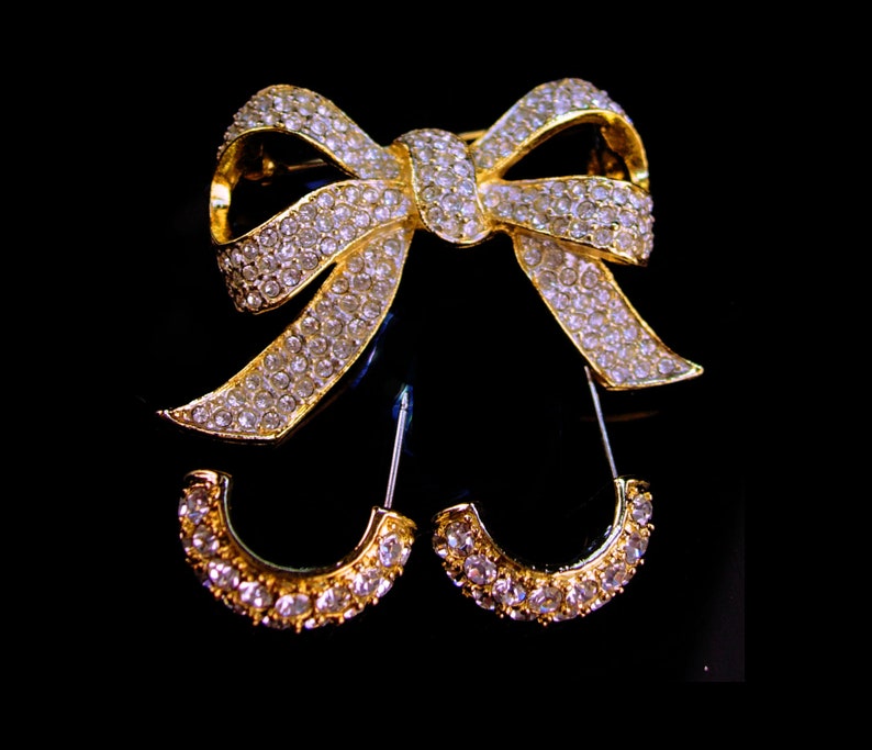 KJL Vintage earrings Pave brilliant rhinestone Bow Brooch Designer hoop pierced Couture jewelry kenneth Jay Lane wedding earrings image 1