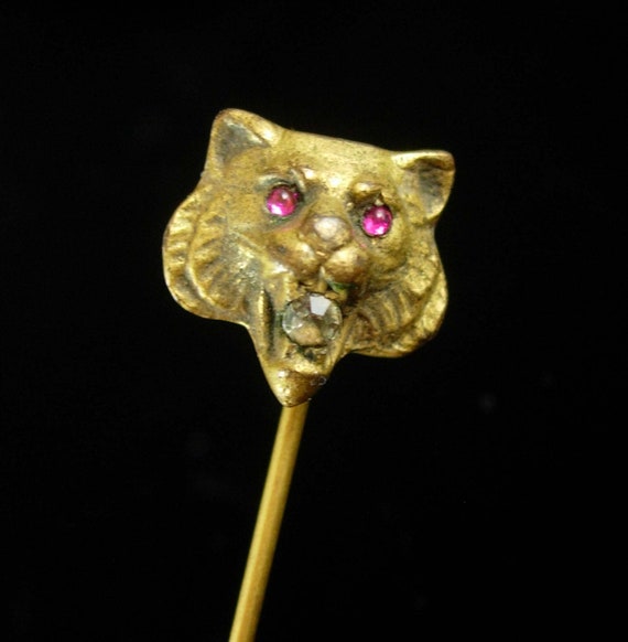 Antique Lion STICKPIN ruby Jeweled Eyes tiger pas… - image 6