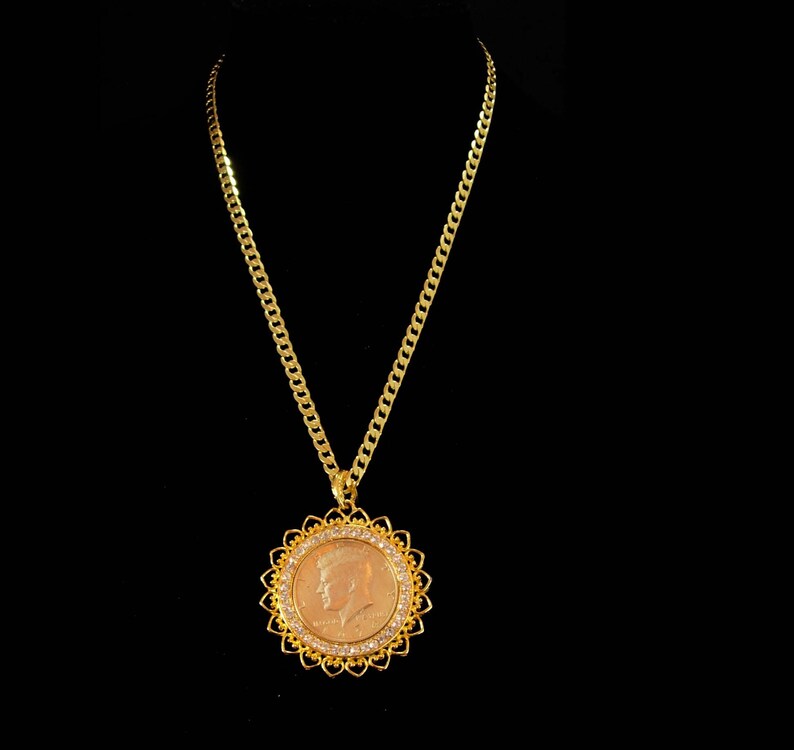 1974 Kennedy Coin Necklace Rhinestone Necklace Pendant Etsy
