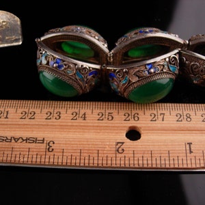 Antique Chinese export bracelet ancient stone sterling silver filigree Enamel flowers hinged bracelet vintage ethnic jewelry image 6